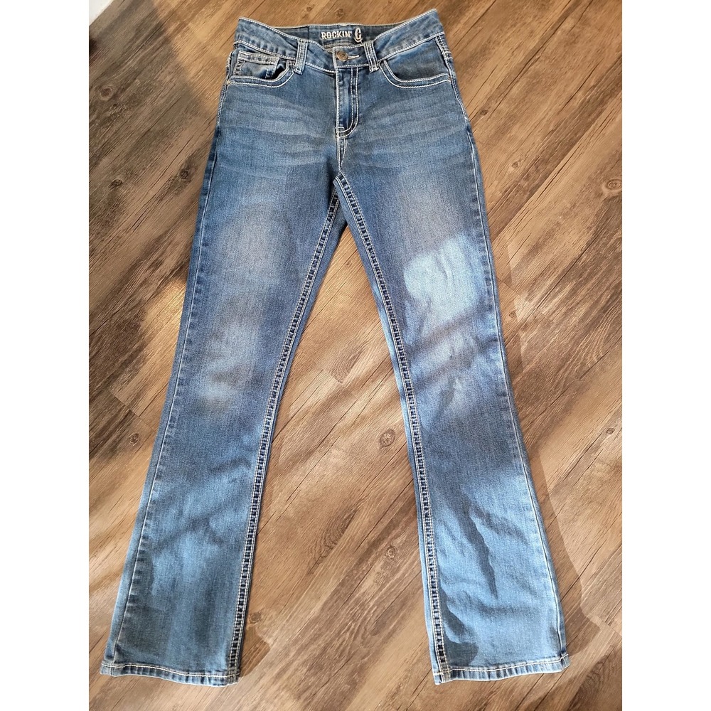Rockin G Girls Bootcut Jeans Medium Wash Floral Embroidered Pockets Size 16